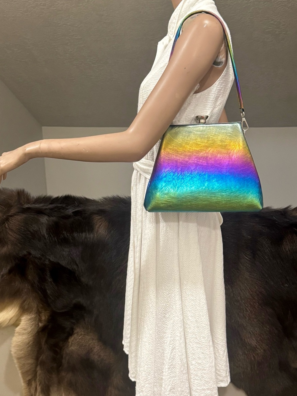 Metallic Rainbow Iridescent Leather Handmade Push Lock Boxy Bag & 2 Straps